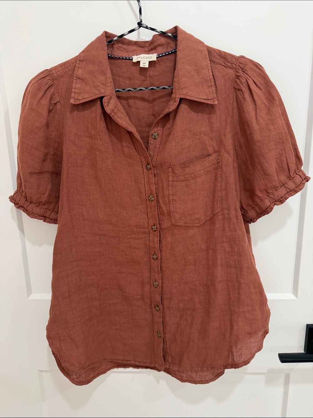 Pilcro Rust Button-Front Linen Short Sleeve Shirt